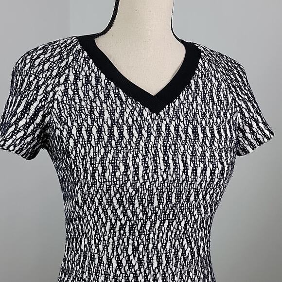 Tory Burch Marbled Woven Tweed V-Neck A-Line Black White Navy Dress 0 - Picture 2 of 15